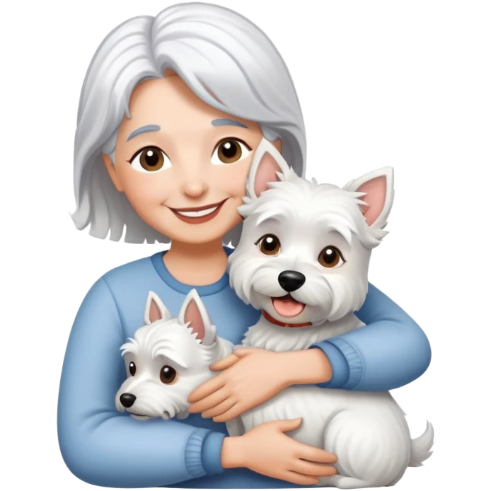 one silver-haired 60-ish lady smiling and hugging westie emoji