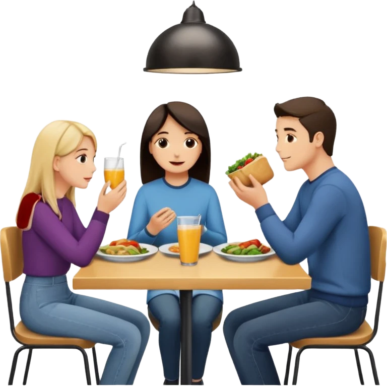 friends having lunch together, face each other, indoor, three people emoji
