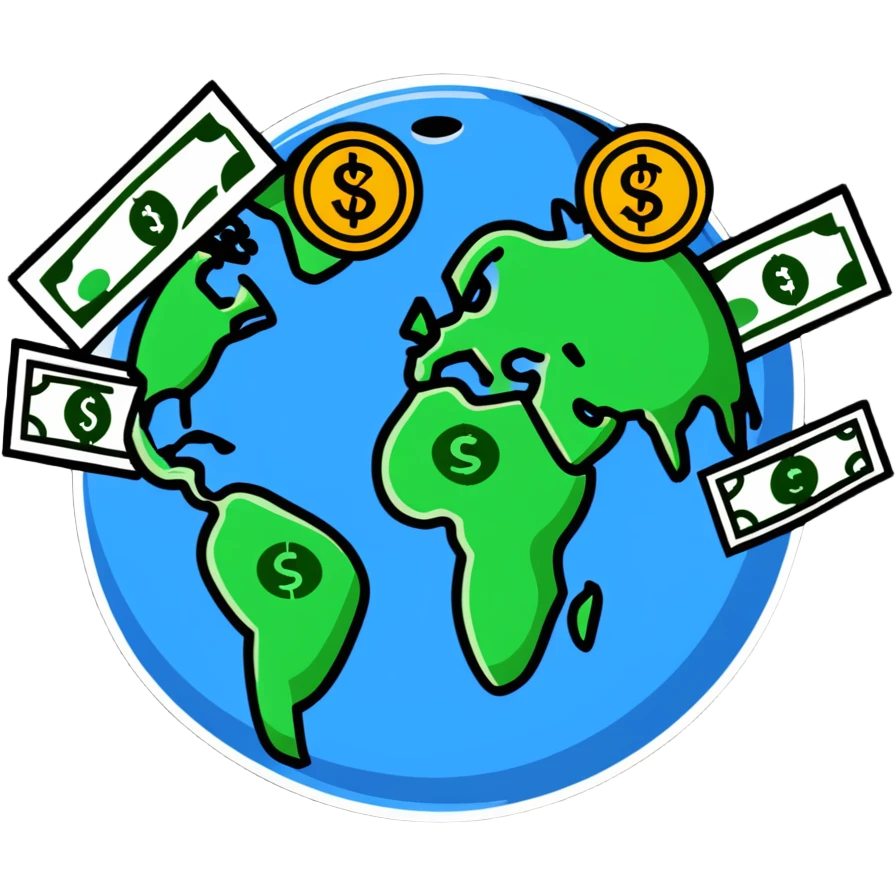 Money world with dollar bills and coins surrounding Earth emoji