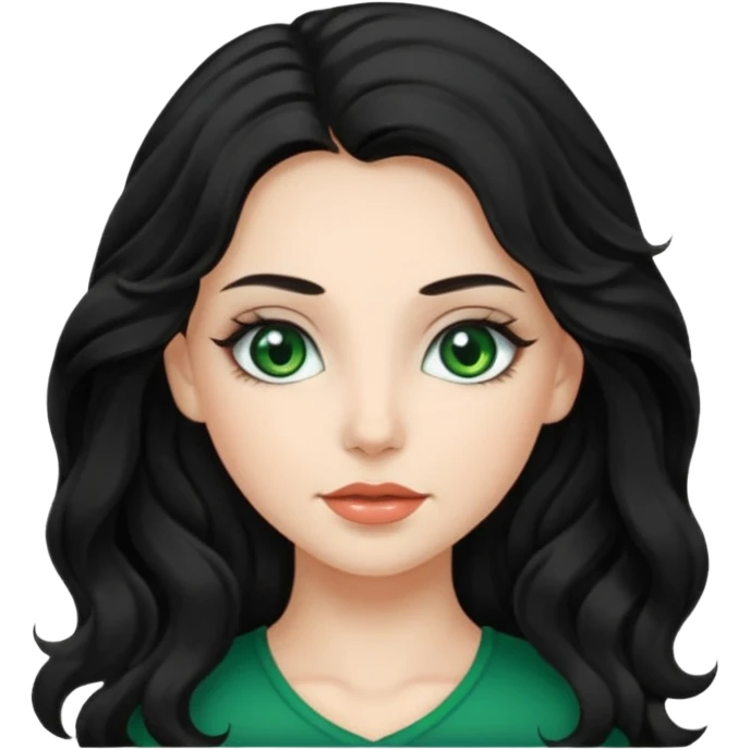 Caucasian girl with long, wavy black hair, green eyes, and pretty makeup. emoji