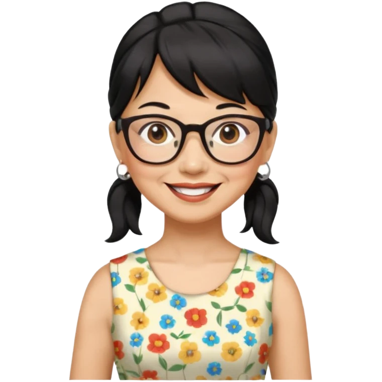 filipino woman black hair in one pony tail with straight bangs and big glasses, 60 yr old, nice dress

 emoji