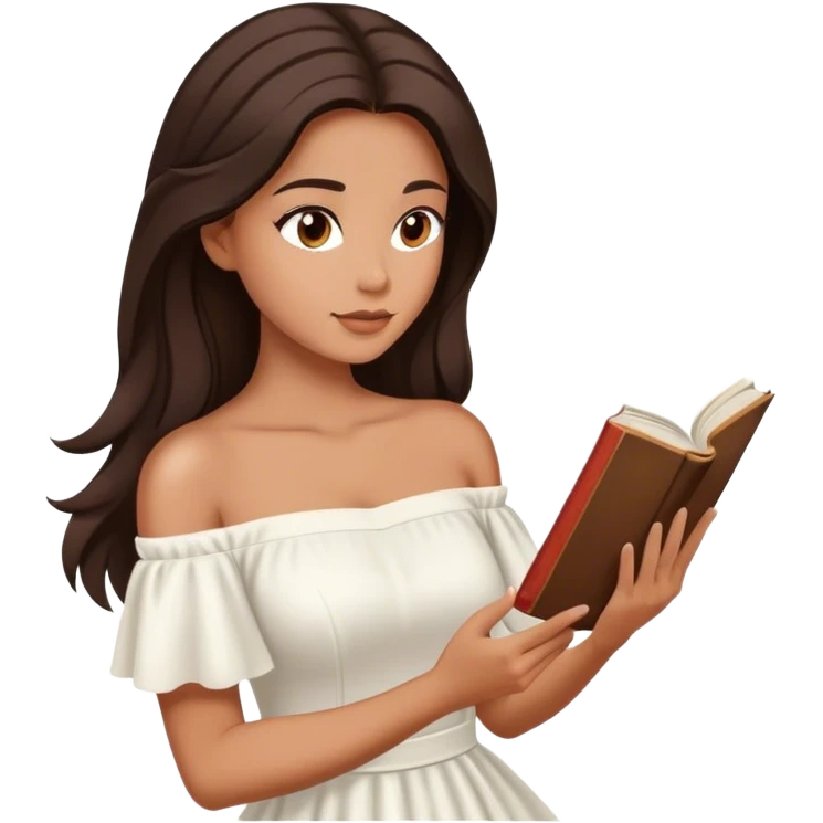 Beautiful woman in 1950’s woman fashion look, off-shoulder white dress, long dark brown hair, reading  emoji