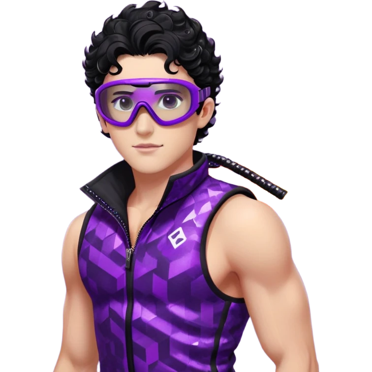 male athlete with white skin and moderately curly black hair on top with shaved sides, wearing ski goggles with purple frames and very dark black lenses, a simple plain black chain necklace, and a completely unzipped sleeveless vest with purple and black sequin fire pattern design, fully revealing his chest, shoulders and arms, no earrings emoji