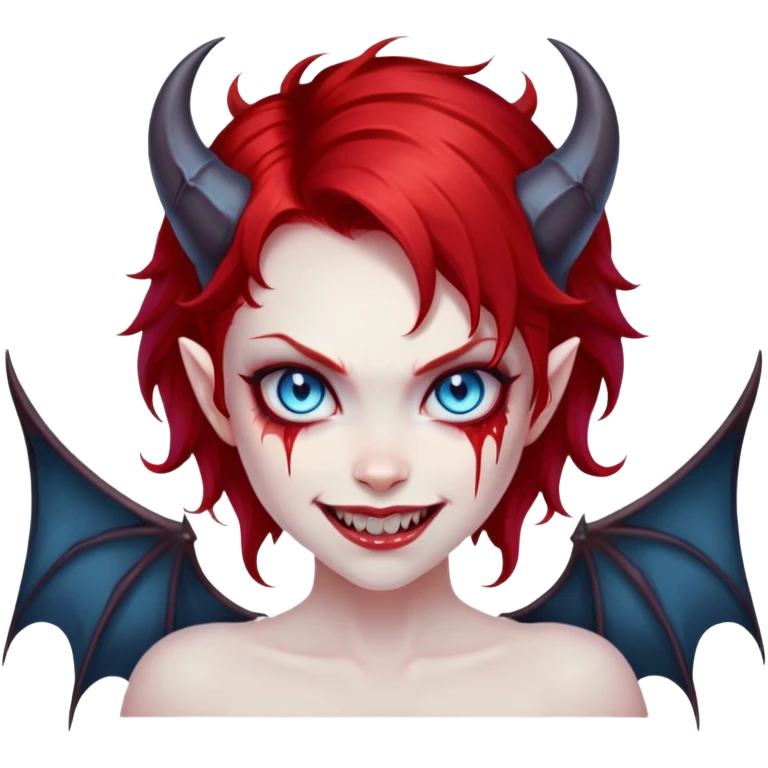 extremely diabolical girl with demonic bat wings, blood red hair, glowing blue eyes, black hellfire aura, sharp horns, evil grin emoji