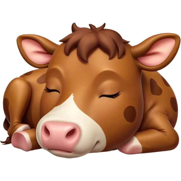 Meme-Worthy Cute Sleeping Brown Cow Portrait Emoji, Head resting peacefully with a contented smile, showcasing a robust build and a luxuriously soft deep brown hide, eyes shut in a serene, restful nap, Simplified yet hilariously adorable features, highly detailed, glowing with a soft, drowsy light, high shine, relaxed and utterly lovable, stylized with an air of playful laziness, bright and heartwarming, soft glowing outline, capturing the essence of a comically sleepy cow, so meme-worthy it feels like it could instantly become the next viral sensation of adorable slumber! emoji