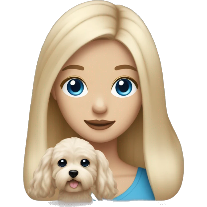 Blonde girl with long straight hair with blue eyes holding a beige maltipoo emoji