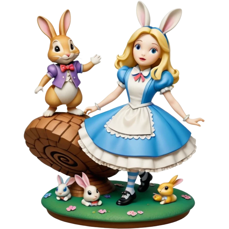 Still life, hyperrealism, ultra detailed illustration of the most incredibly amazing modern style of disney's Alice in wonderland falling down the  rabbitbhole
figurine imaginable, toy style. emoji