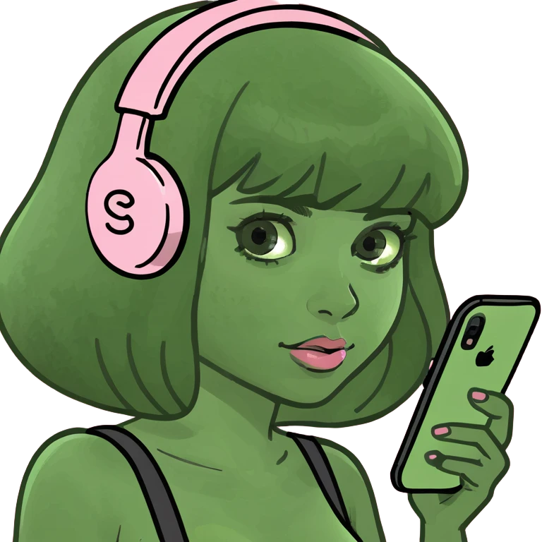 girl scrolling on pink SPAM phone emoji