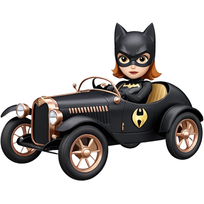 Hot real-appearance racing action BatGirl’s sixty’s tv show 1932 stealth retro cat burglar sporty petite off-road pursuit mobile cruiser car rose gold accents (reclined and relaxed seating position and attitude) emoji