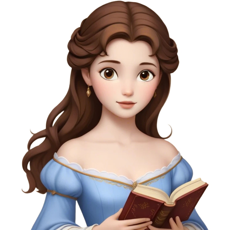 Cinematic Realistic Belle Portrait, depicted with lifelike skin texture, soft natural lighting, and intricately detailed brown hair styled elegantly. Her deep, expressive eyes exude warmth and intelligence, complemented by a serene and graceful expression. She gently holds a book in one hand, her other hand resting at her side, radiating an aura of beauty and intellect. She is dressed in her classic yellow ball gown, the fabric rich in texture with delicate folds that catch the light beautifully. The portrait features a soft, enchanting glow with a natural, radiant finish, capturing the essence of timeless beauty in a realistic and painterly style, evoking a sense of depth and authenticity. emoji