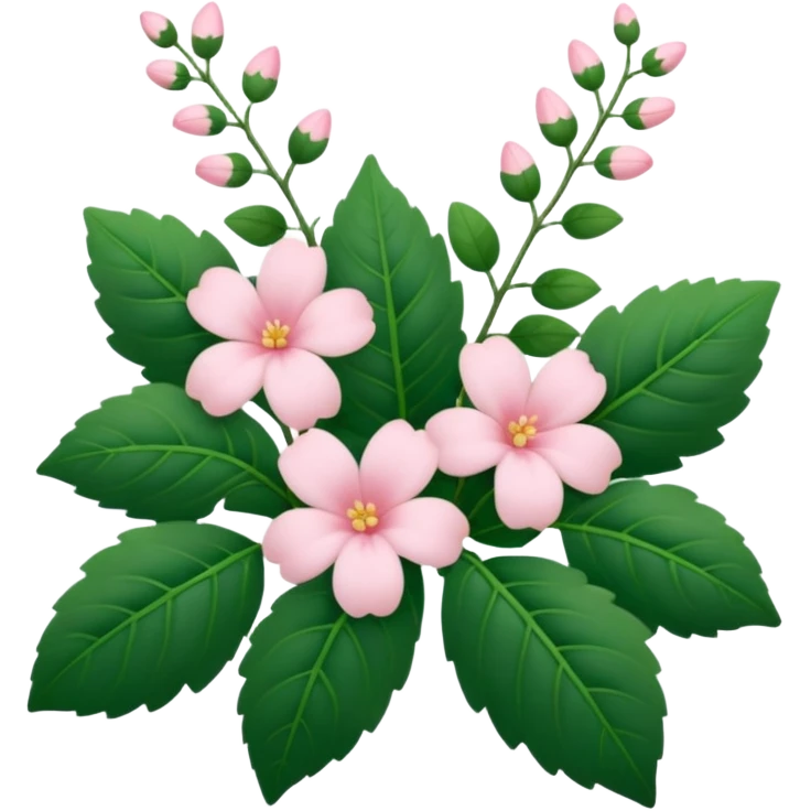 Aesthetic flowers and plants growing from the ground in colours of soft pink matching the deep green leaves (to describe/match with the word flourish) more of a wild bush or vine  emoji