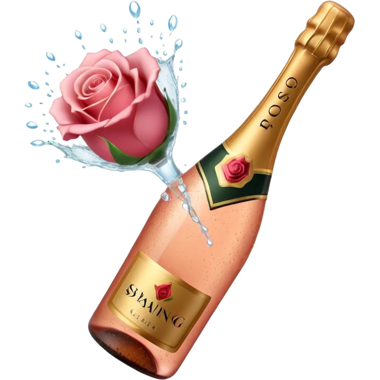 bottle of sparkling rosé champagne with a rose logo on the label, with the cork exploding out from the top, tilted up and to the left, no glass emoji