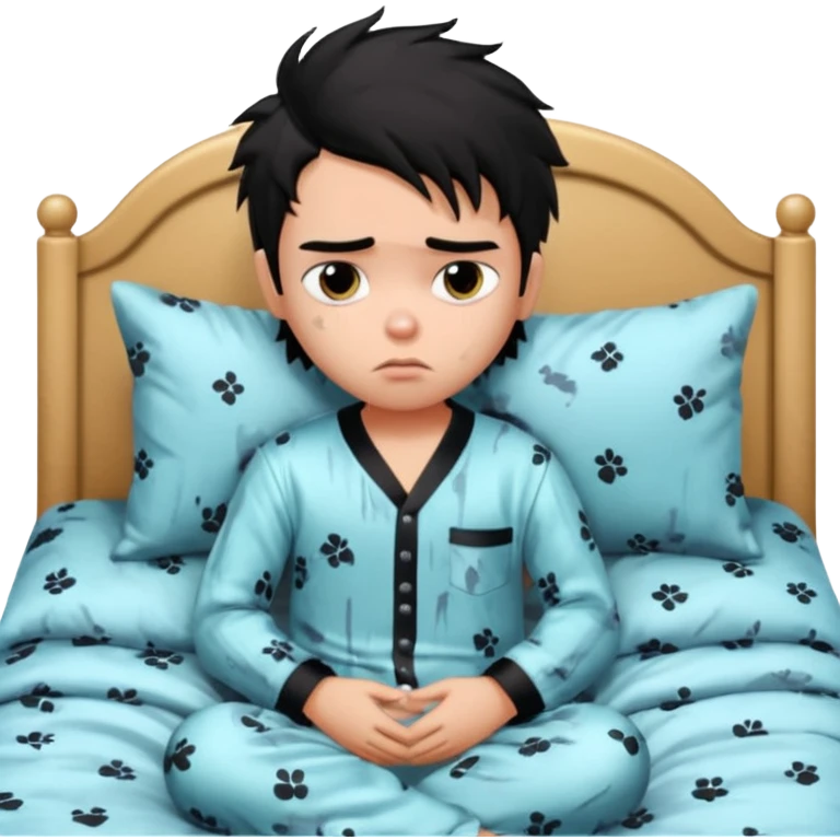 a PRETTY BRATZ boy with black messy hair, in bed, looking sad emoji