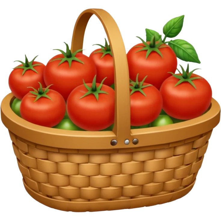 It is an image of fruits including tomatoes in the basket, and there are 5 to 6 fruits emoji