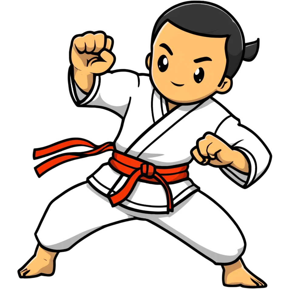 Martial artist in dynamic kung fu pose, wearing traditional loose outfit with sash emoji