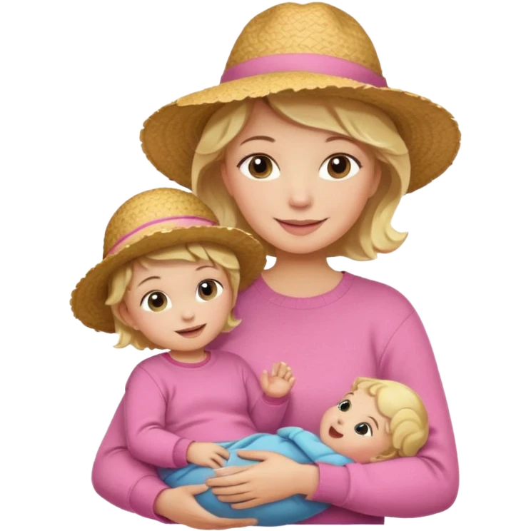 A cheerful wavy short blond hair mom in a straw hat carrying her child, wearing a pink sweater emoji