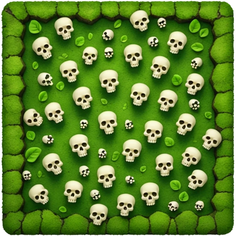 A creepy moss covered ground with skulls from a top down perspective. In the style of your bleeding skull art. In a realistic style covering the whole screen with little tint skulls. No border, all moss emoji