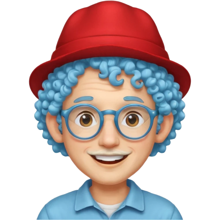 light blue haired man curly hair with big ears and red earrings and spectacles happy and hat wearing emoji