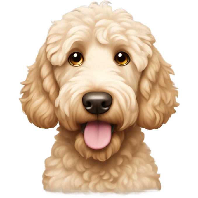 A cream colored goldendoodle dog with a brown nose and reddish long ears  emoji
