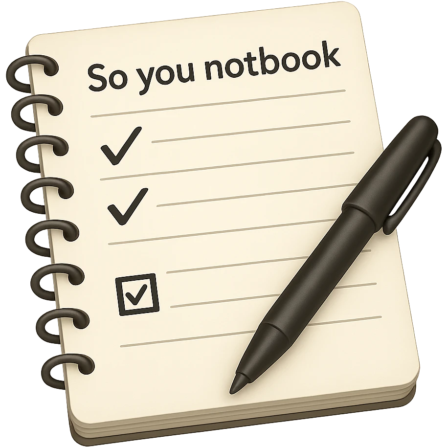 emoji of white vintage notebook with some list on it and a black pen nearby emoji