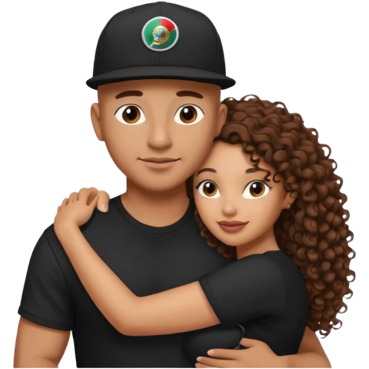 A picture of a tanned couple embracing. the guy is Mexican, with a bald hair cut and he has a SnapBack hat on. The girl is mixed, the girl is wearing a black shirt, the girl has brown curly big hair and the girl has big boobs  emoji