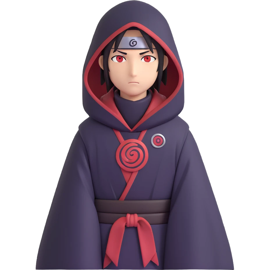 Itachi Uchiha themed emoji inspired by Naruto, featuring iconic Akatsuki cloak, Sharingan eyes, calm expression, modern emoji style emoji