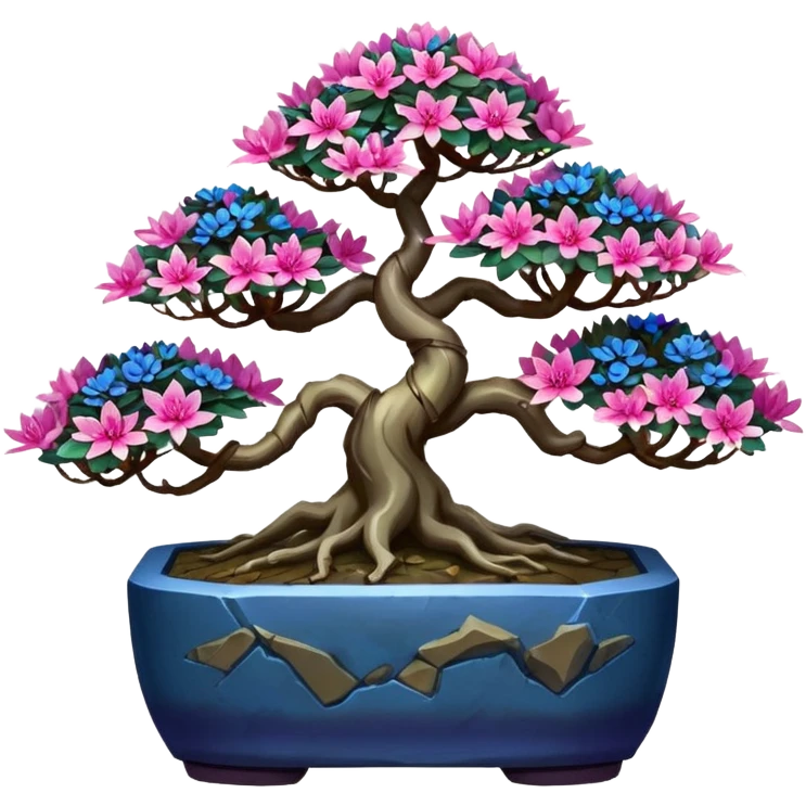 Futuristic wild et alien moss maples Bonsai hair-fine-leaf group crimson crystal azalea purple and cream pink blue informal rocky cliffhanger forest planting in shallow slab style pot  emoji