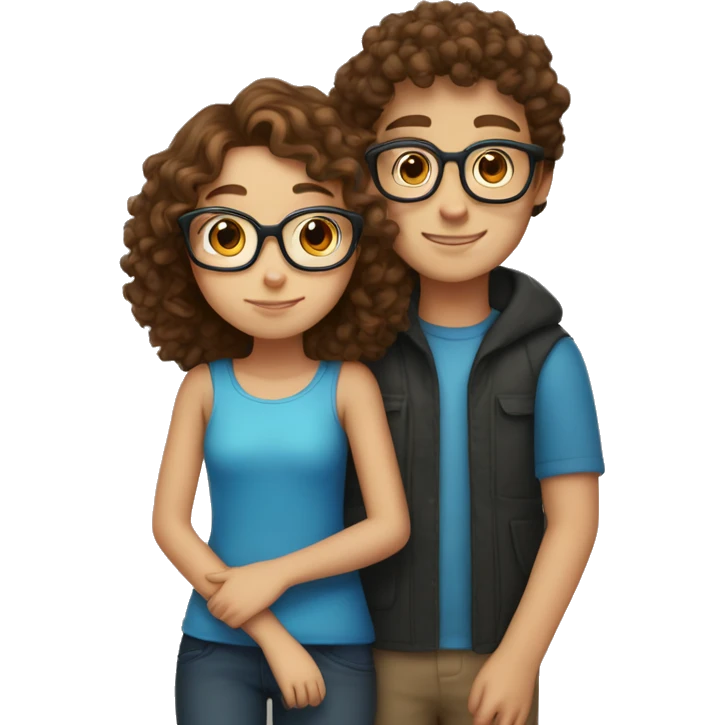 Girl with brown curly hair and blue eyes hugs boy with brown hair and glasses  emoji