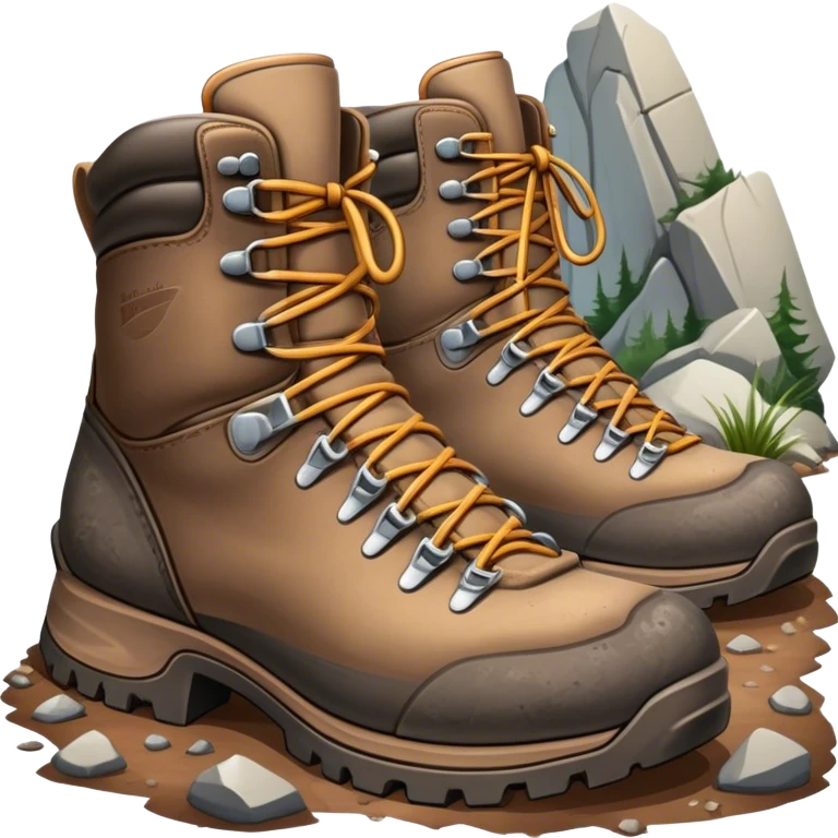 Cinematic Realistic Hiking Boots, well-worn leather boots resting on a rocky trail, scuffed edges and dirt-speckled laces adding character, glowing softly under the dappled sunlight filtering through the trees. emoji