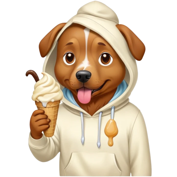 A brown dog wearing a white hoodie while eating melted ice cream emoji