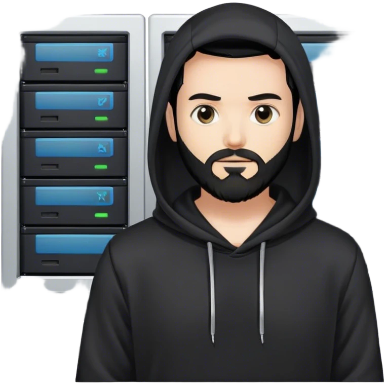 hackeur blanc cheveux noir barbe et capuche noir à côté d'un server ia emoji