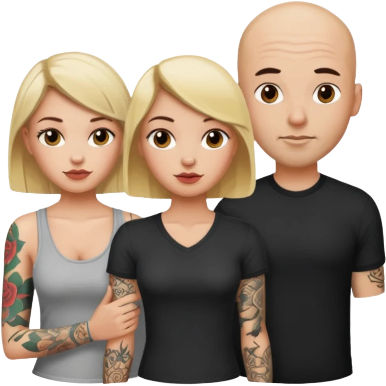 throuple blonde female brunette female with tattoed bald male emoji