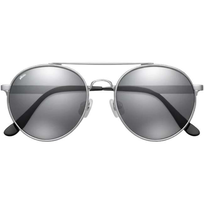 A pair of luxury sunglasses emoji with silver chrome frame, smooth rounded lenses, reflective metallic surface, high-end swag aesthetic, minimal and clean design, iOS emoji style, centered, white background emoji