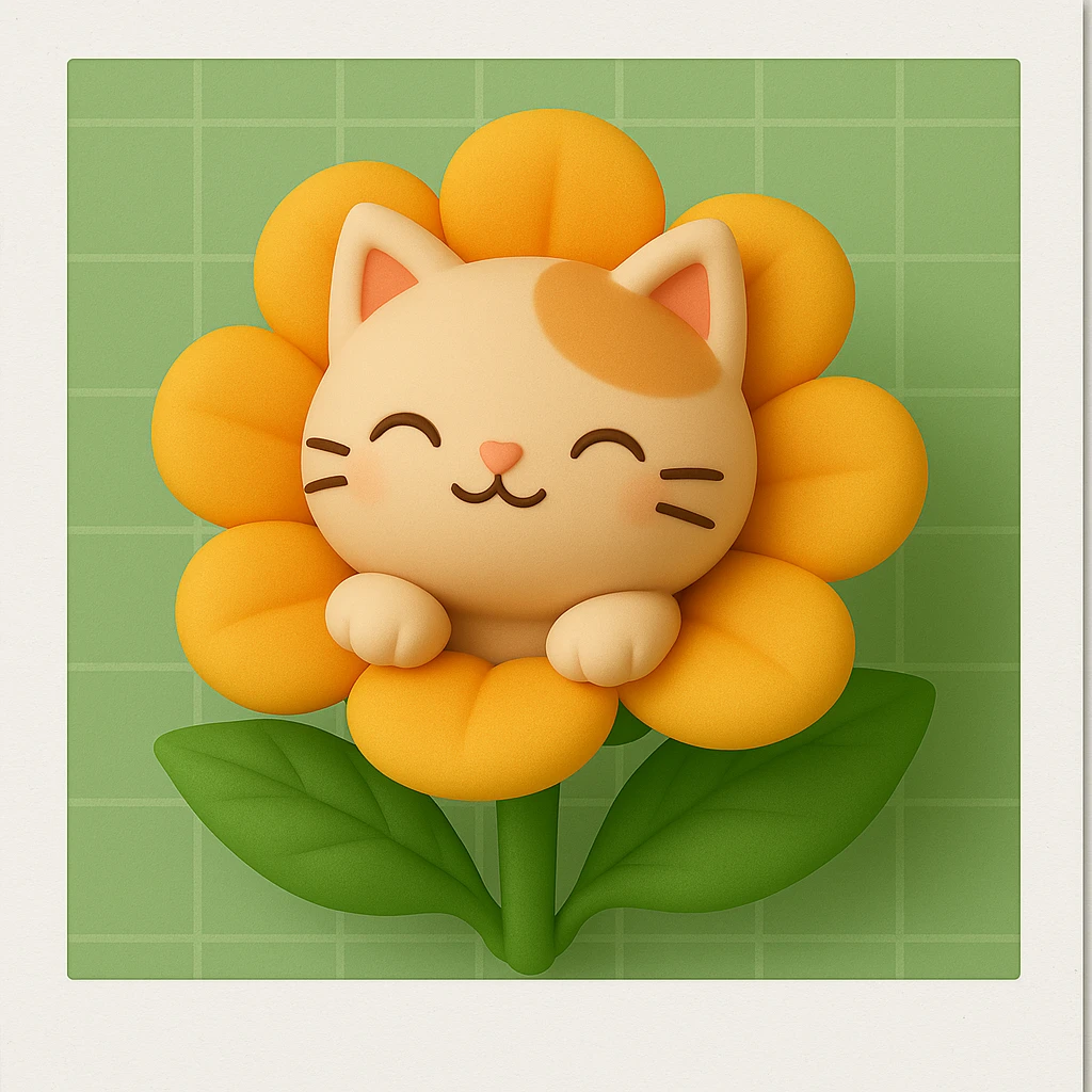 A cute cat with its face peeking out from a large orange flower with yellow petals. The cat has a small smile and is sitting comfortably within the flower. The background is a light green grid pattern. Add a polaroid frame. The image should be in a Kawaii style. emoji