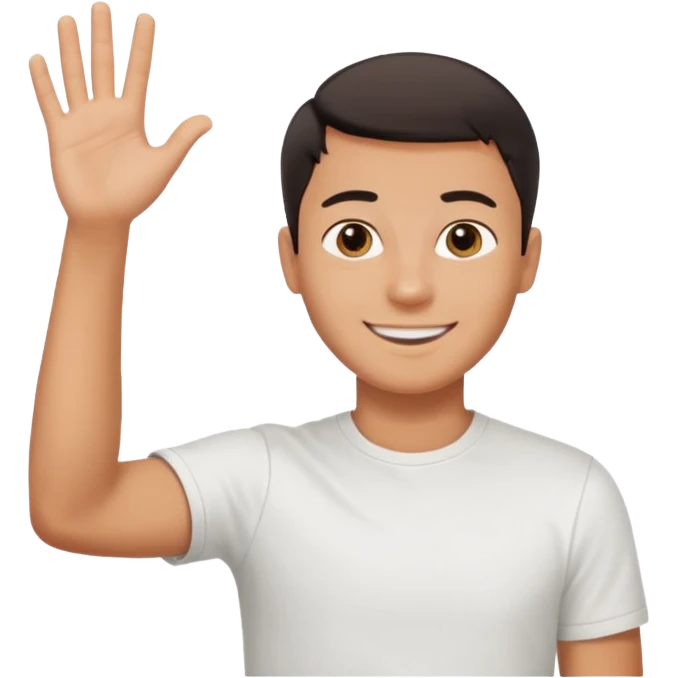 joven bronceado pelo oscuro muy cortito polera blanca sonrisa bonita saludando mano arriba emoji