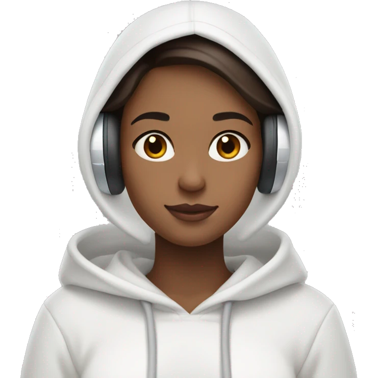 Dark brown hair, girl wearing a white hoodie and airpod max  emoji