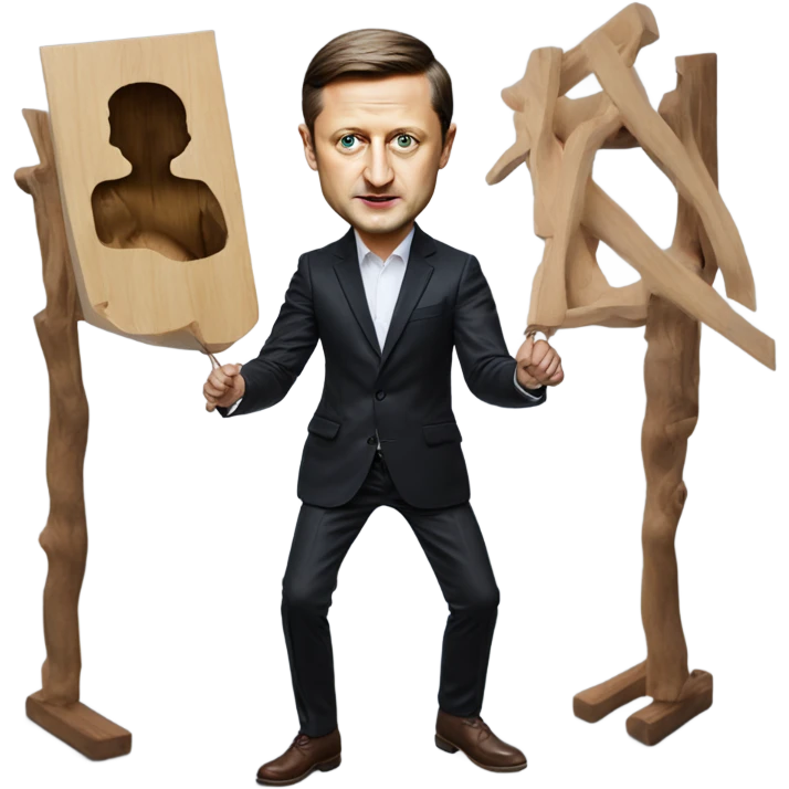 Hyper realistic Vladimir Zelensky pulls the strings of a wooden doll emoji