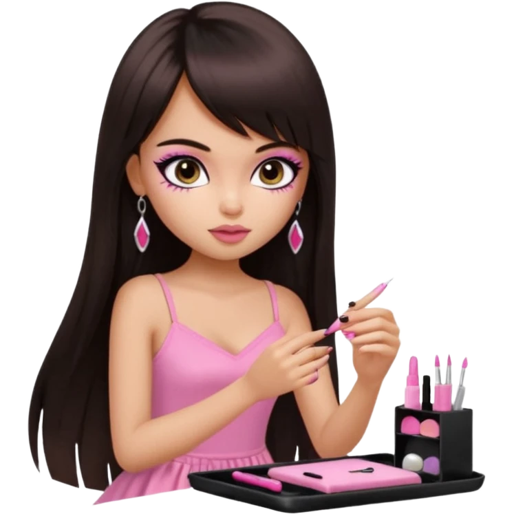 generate a pretty bratz girl in black cami top, dark brown straight long hair with bangs, eyeliner on, getting her nails done emoji
