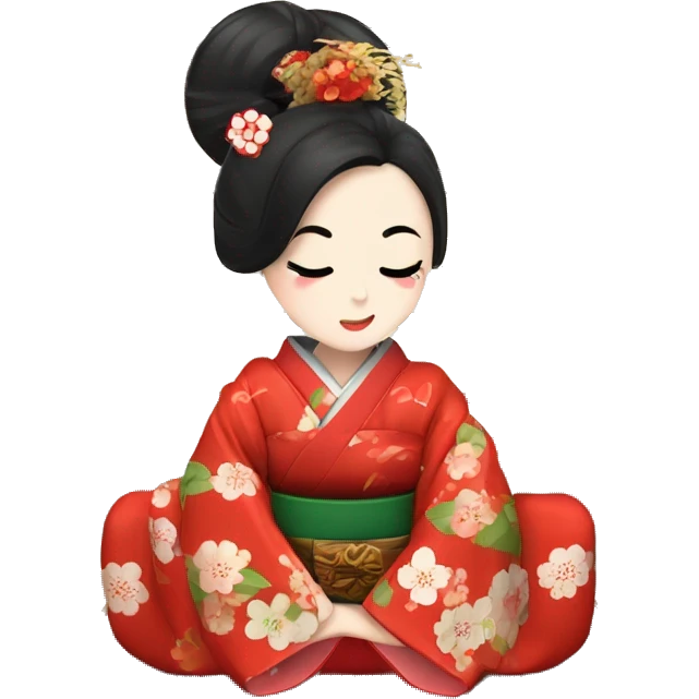 Geisha con kimono rojo. ojos verdes. haciendo ceremonia del té en casa tradicional japonesa  emoji