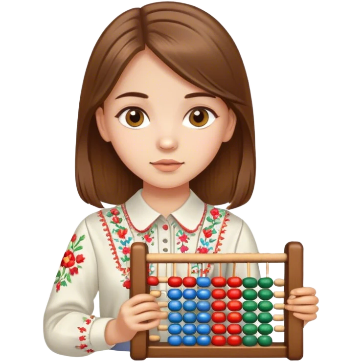 A Ukrainian girl with brown hair in an embroidered shirt holds an Abacus emoji