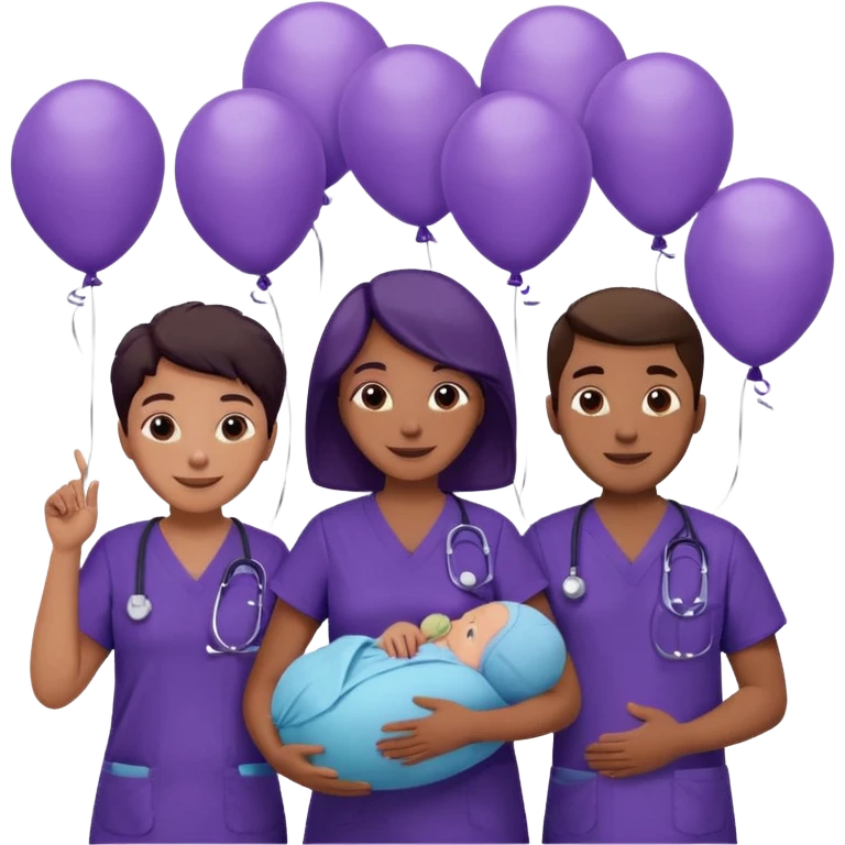Create Happy & celebrating team faces for a hospital with a newborn saved with dress color as dark voilet emoji