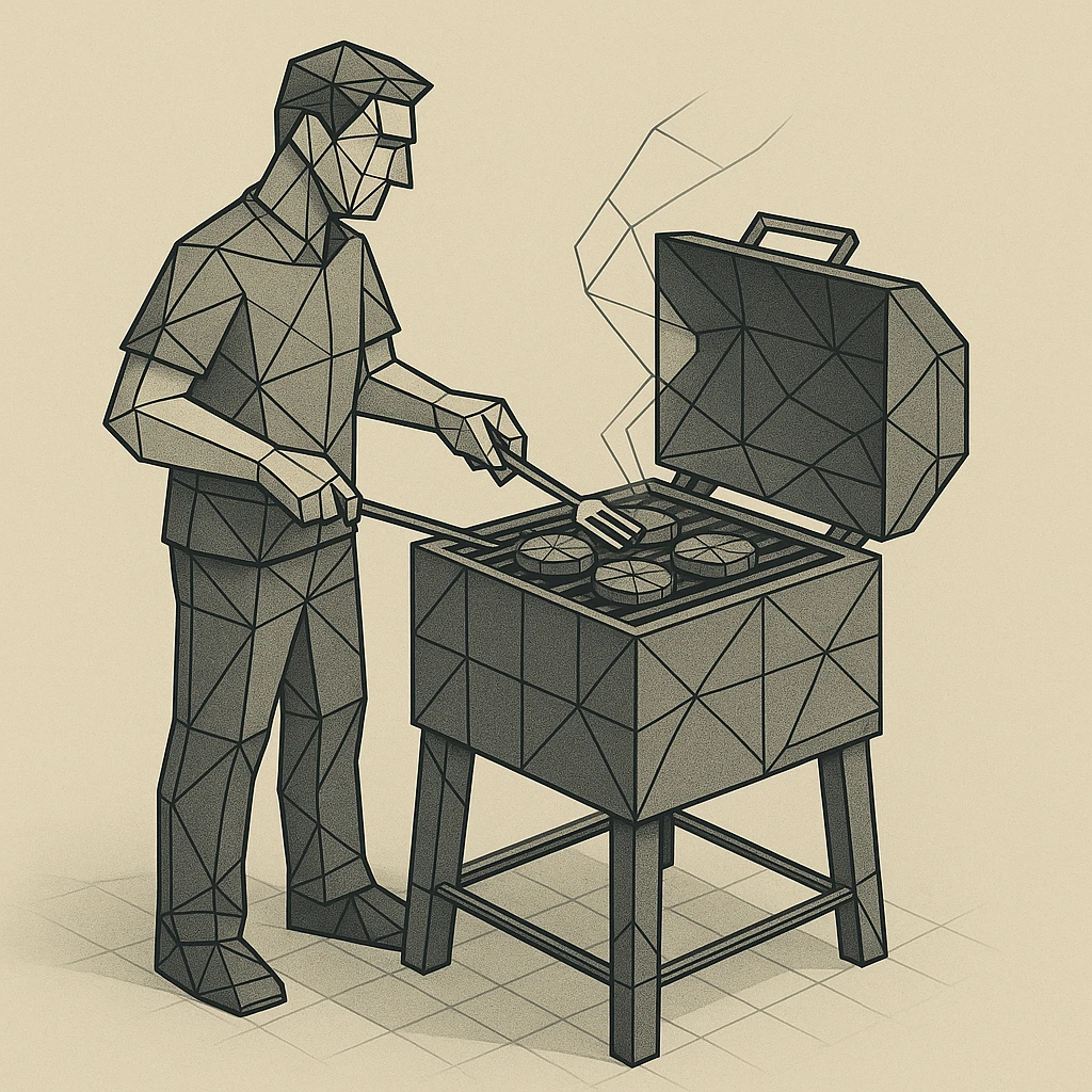 man grilling food on a cubic barbecue. emoji
