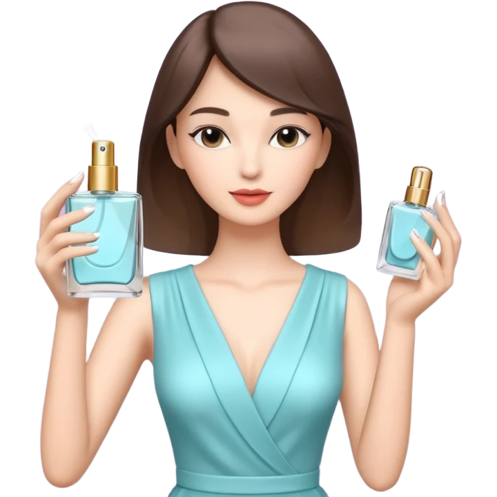 stylish woman spraying perfume, holding a perfume bottle, soft mist spray in the air, elegant pose, 3D cartoon, mobile game icon style, clean background, no text, no watermark

 emoji