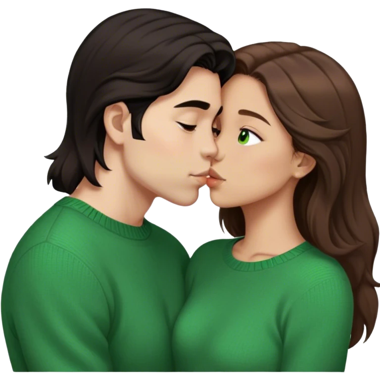 Young guy with black slightly long hair kissing a young woman with brown hair and  green sweater with the emoji made s there is no part that is cut off emoji