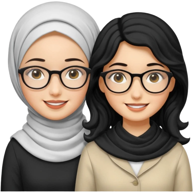 White hijabi girl with black eyes with another girl have long black hair wearing glasses with  another another girl have curly short  honey hair and wearing white glasses  emoji