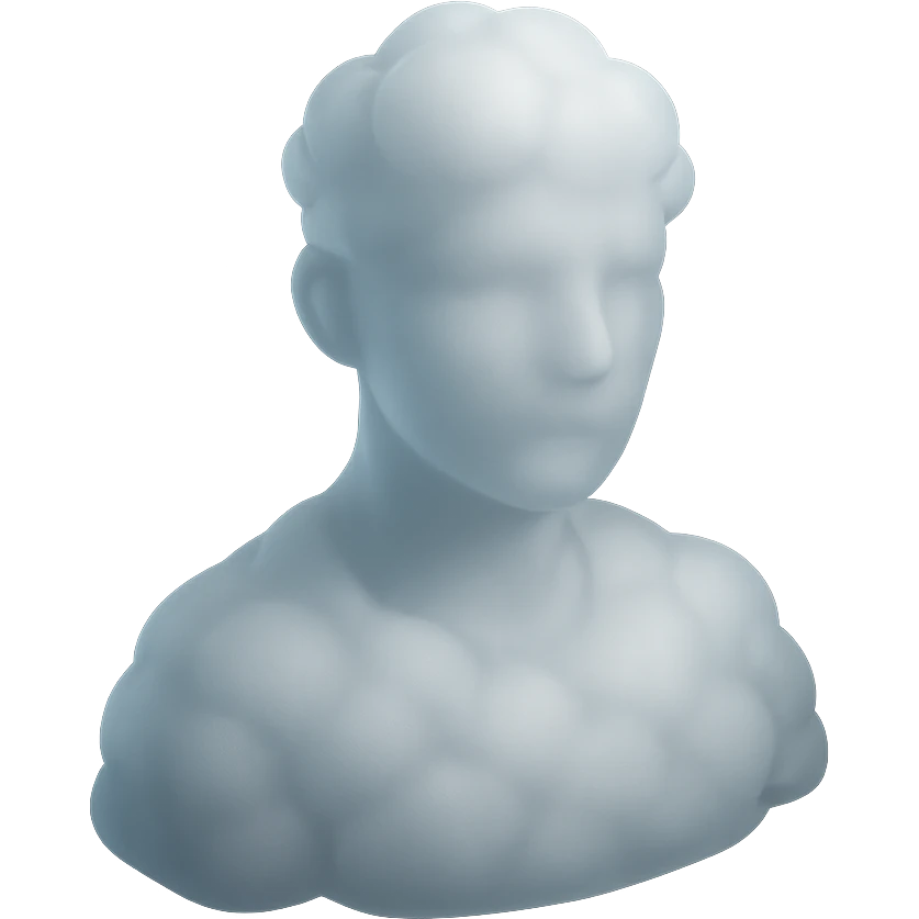 person looking straight, shoulders up, fully composed of white fluffy convex clouds, matte glass style, volumetric and soft clouds, airy and realistic appearance, no background emoji