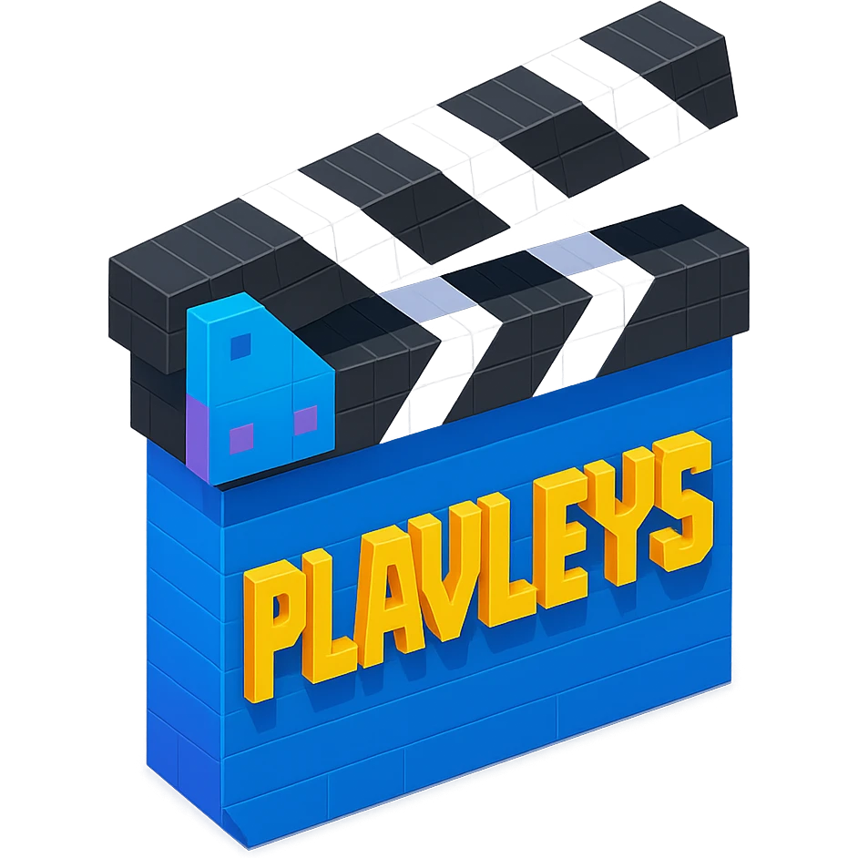 isometric view of a movie clapperboard with the text 'PLAVLEYS' written on it, voxel style emoji