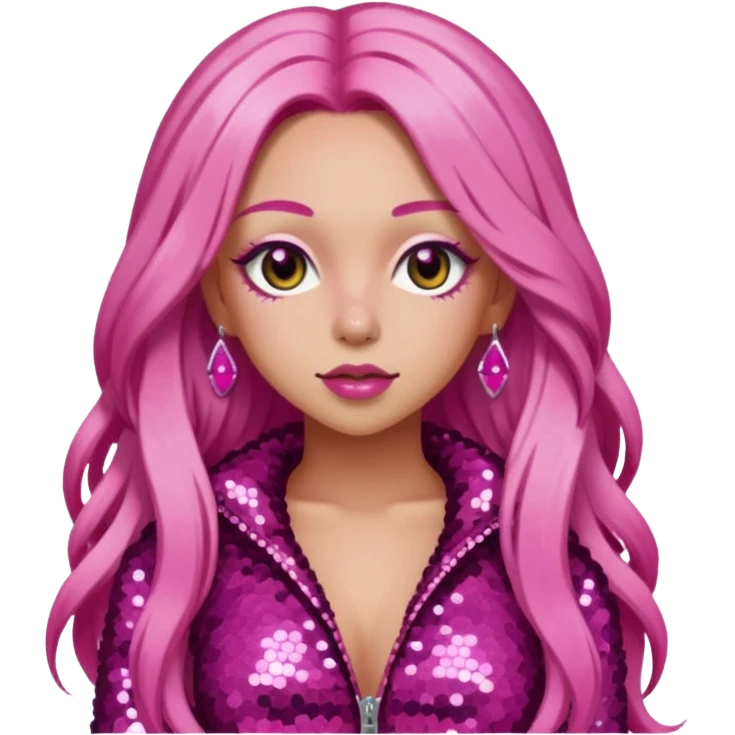 Doja Cat with long pink hair, dark pink sequin outfit emoji