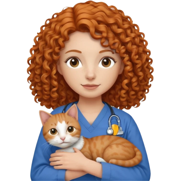 a ginger curly hair vet woman with blue scrub holding a cat emoji