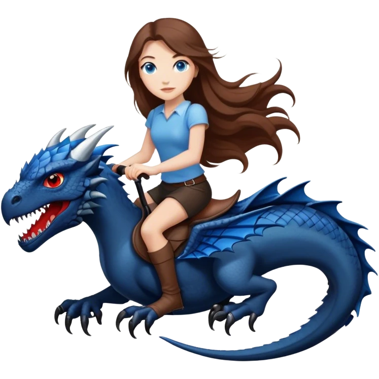 Me, a white female with long brown hair, blue eyes, riding a black wyvern with a tiny bit of red that has only two back legs to your work emoji